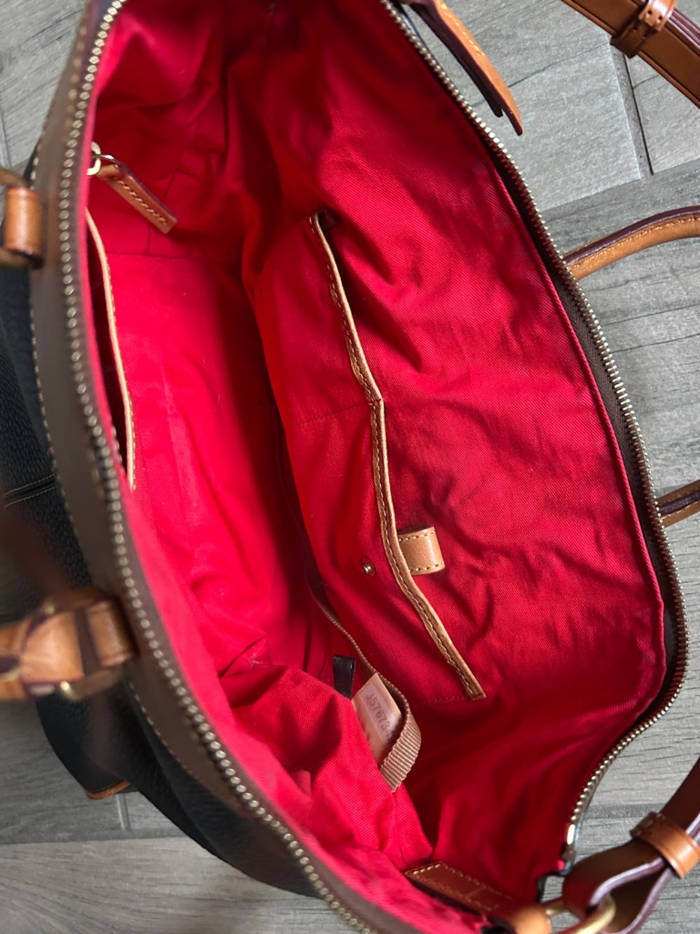 Dooney & Bourke Black Pebbled Leather Satchel with Tan Trim and Brown Strap - Picture 6 of 11